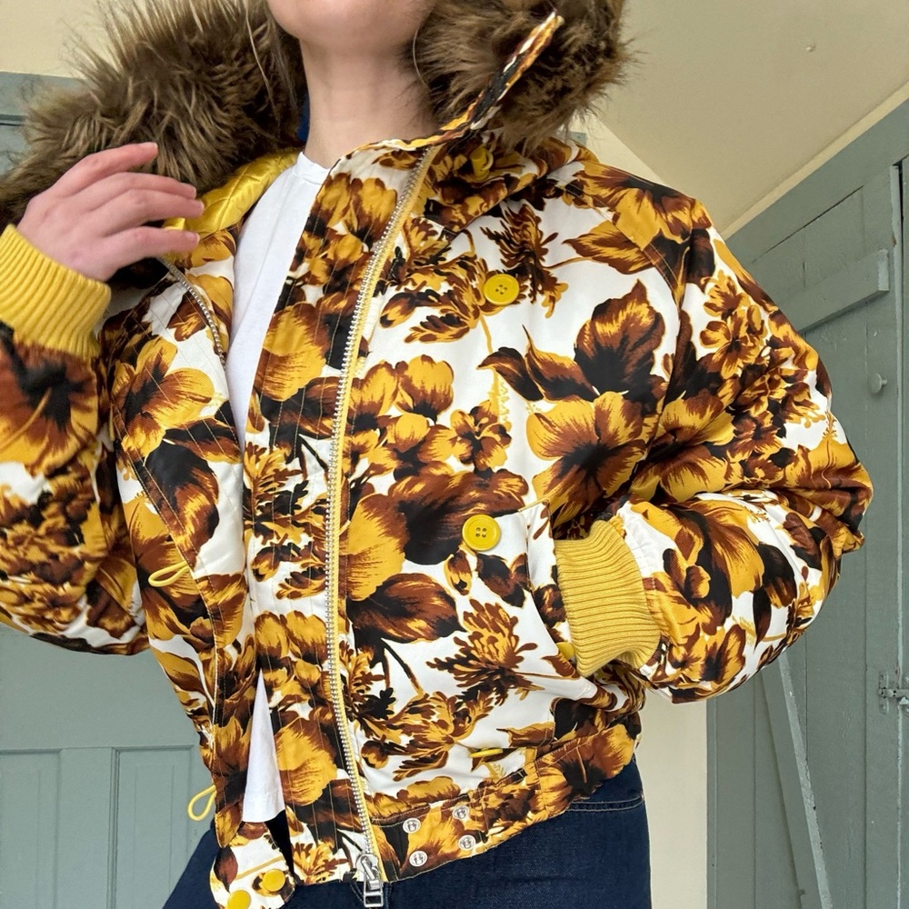 Jeremy Scott Adidas Floral Hooded Faux Fur Jacket Coat Rare